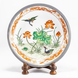 Japanese Ash Tray Encased Hand Painted Hong Kong Orange Dragon Bird Lotus Asian